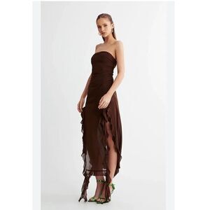 BCBGMaxazria Women Y2K Brown Silk Chiffon Strapless Handkerchief Woodland Fairy